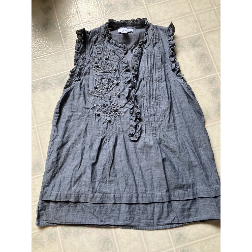 Ann Taylor Loft Solid Blue Cotton Partial Button … - image 1